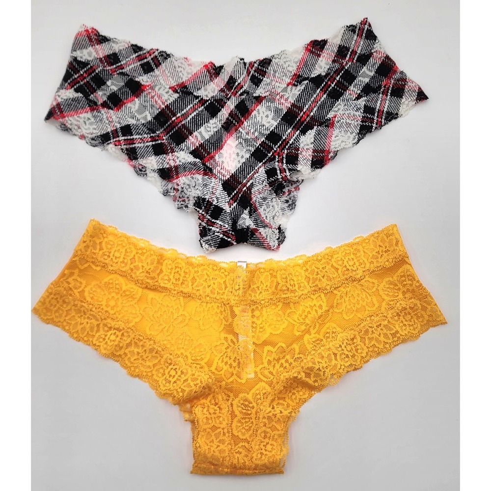 Victoria's Secret PINK Cheekster Panties Small Yellow Red Plaid 2 pk Lace Mesh